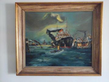 MOOI OUD OLIE VERF SCHILDERIJ OP DOEK  " HAVENZICHT  " beschikbaar voor biedingen