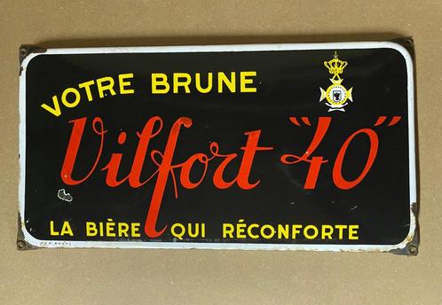 Emaille reclamebord  “Vilfort “40” la bière qui réconforte”, Antiek en Kunst, Antiek | Email, Ophalen
