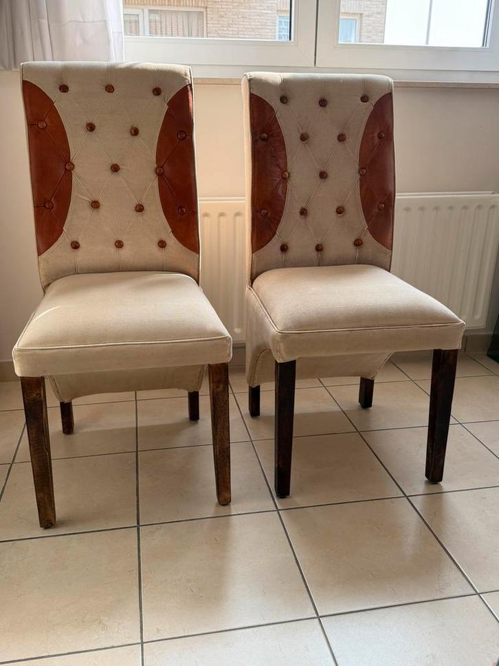 chaises salle à manger,  tissus et cuir, assise et support, Huis en Inrichting, Stoelen, Zo goed als nieuw, Vier, Leer, Stof, Bruin