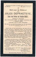 Bp. Depraetere Jules. ° Kortrijk 1842 † Kortrijk 1905, Verzamelen, Bidprentjes en Rouwkaarten, Ophalen of Verzenden, Bidprentje