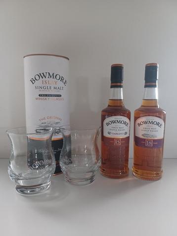 Whisky: Bowmore 15y Darkest + 18y (2 x 200ml)+ 2 glazen beschikbaar voor biedingen
