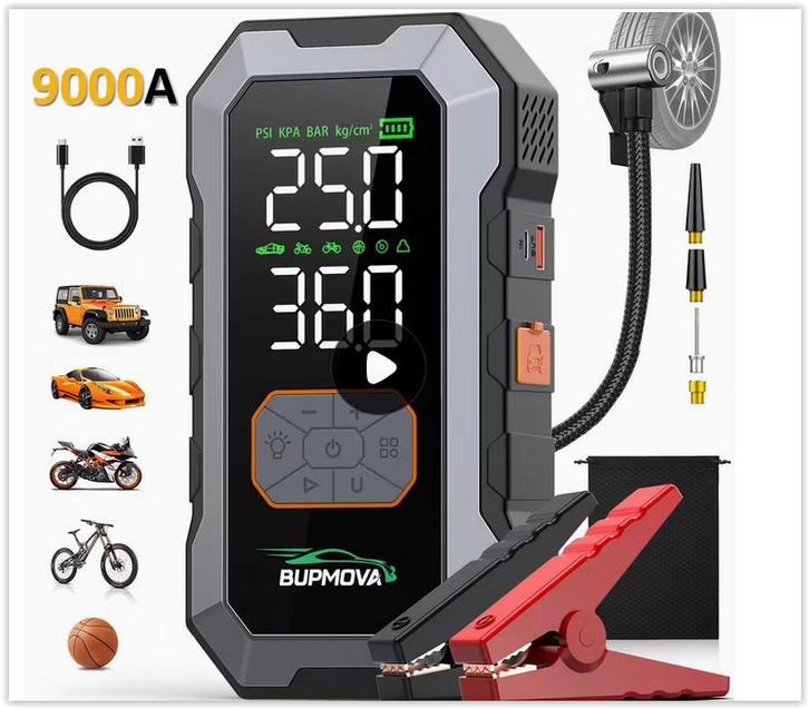 Démarreur de voiture 9000A avec compresseur d'air, gonfleur, Bricolage & Construction, Compresseurs, Neuf, 6 à 10 bars, Moins de 25 litres