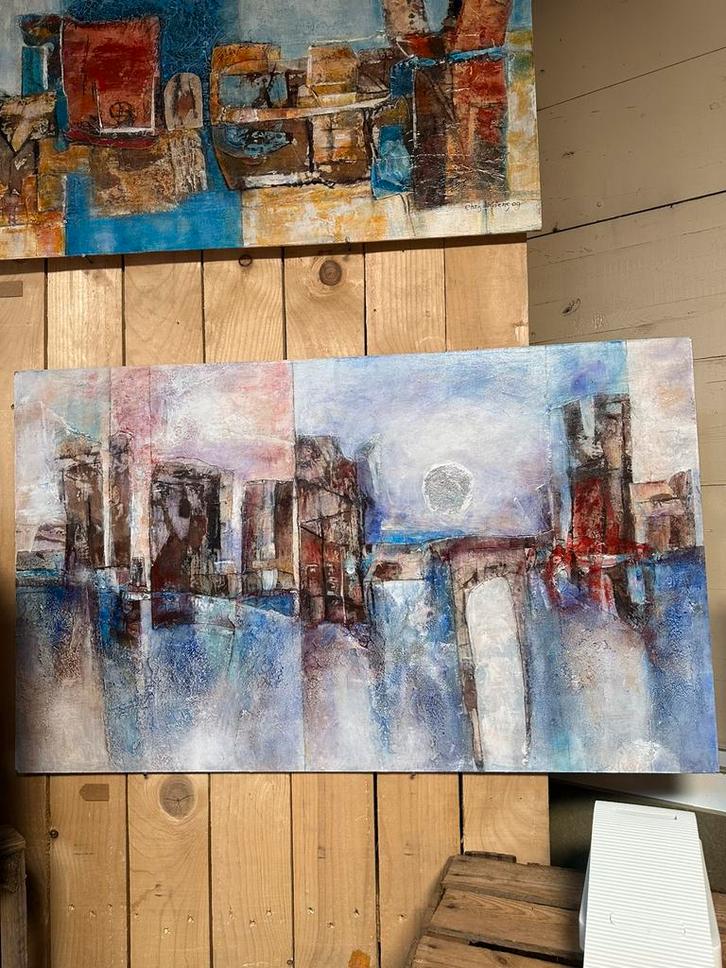 Chris Moens — „Stedelijke compositie”, Antiek en Kunst, Kunst | Schilderijen | Abstract, Ophalen of Verzenden