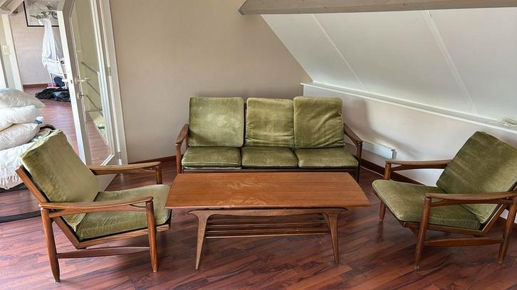 Vintage deens sofaset., Huis en Inrichting, Fauteuils, Gebruikt, Hout, Stof, Ophalen
