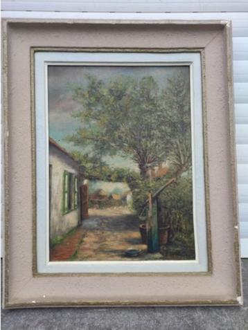 huile sur panneau cour de maison signe gustave losange beschikbaar voor biedingen