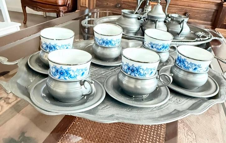 Tinnen koffie set met delfs blauw (Rio Tiel), Antiek en Kunst, Antiek | Servies compleet, Ophalen of Verzenden