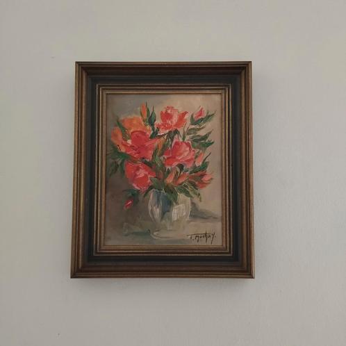 Schilderij van een boeket rode bloemen, Antiek en Kunst, Kunst | Schilderijen | Klassiek, Ophalen of Verzenden
