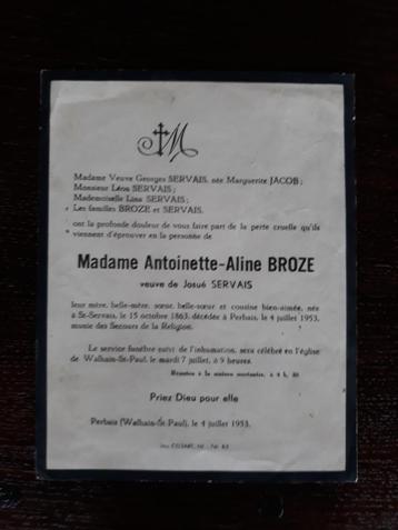 rouwbrief Antoinette Aline Broze, Verzamelen, Ophalen of Verzenden
