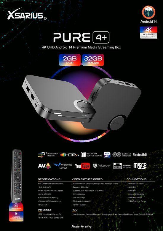 XSARIUS PURE4+, TV, Hi-fi & Vidéo, Lecteurs multimédias, Neuf, Sans disque dur, HDMI, USB 2.0, Audio optique, Enlèvement ou Envoi