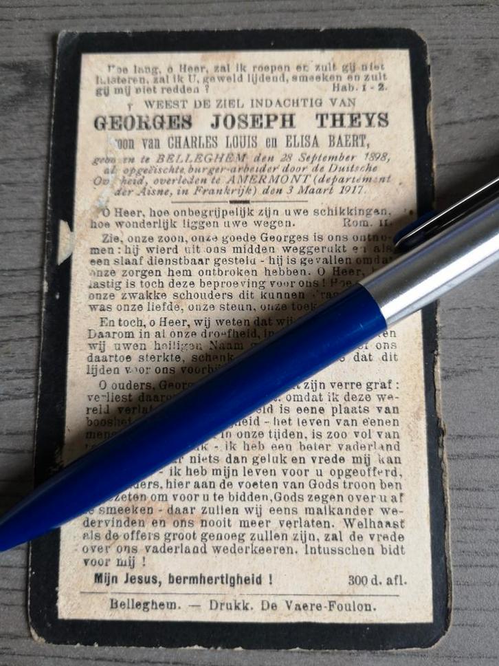 Oorlogsslachtoffer Theys Baert Belleghem Amermont 1917, Verzamelen, Militaria | Algemeen, Ophalen of Verzenden