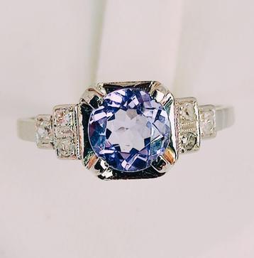 Artdeco platinum ring met tanzaniet en diamanten, certificaa beschikbaar voor biedingen