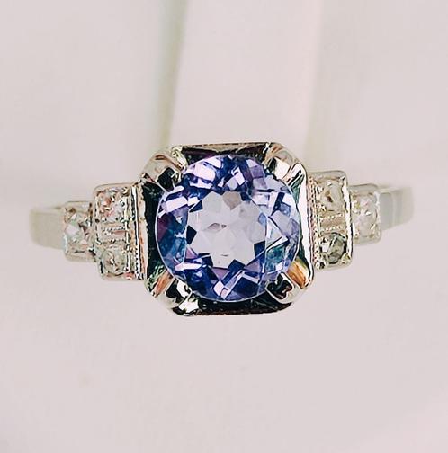 Artdeco platinum ring met tanzaniet en diamanten, certificaa, Handtassen en Accessoires, Ringen, Zo goed als nieuw, Dame of Heer