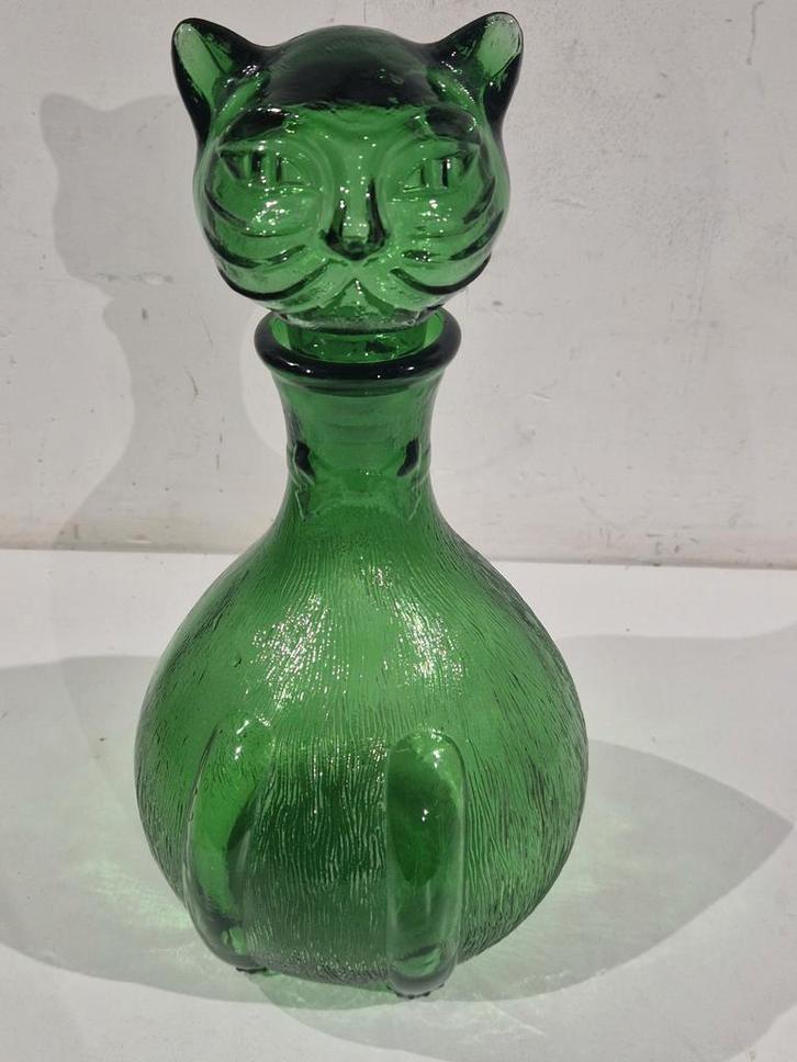 Buikfles in de vorm van een dikke  kat , poes met strikje, Antiek en Kunst, Antiek | Glaswerk en Kristal, Ophalen of Verzenden