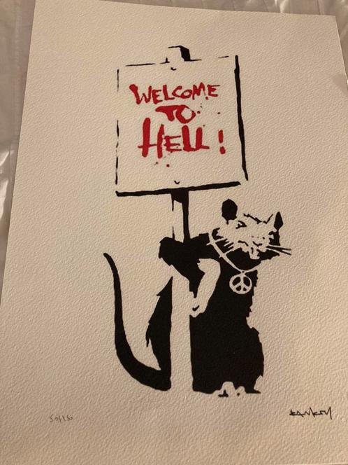 Banksy lithographie”Bienvenu(e) en enfer”limité +certificat, Antiquités & Art, Art | Lithographies & Sérigraphies