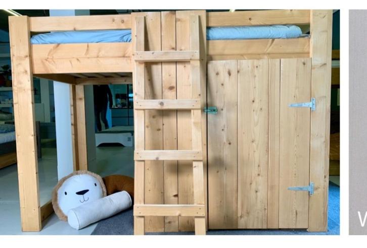 Bed van steigerhout 200 x 90 cm, half hoogslaper, Huis en Inrichting, Slaapkamer | Stapelbedden en Hoogslapers, Zo goed als nieuw