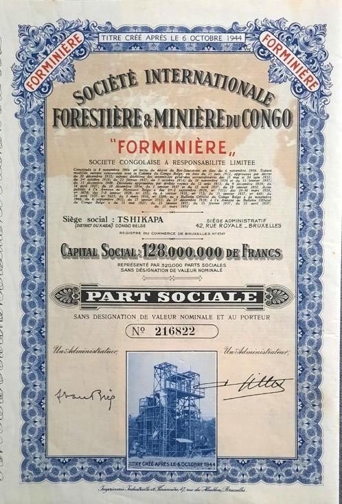 Société  Forestière & Minière du Congo - Tshikapa - 1950, Postzegels en Munten, Aandelen en Waardepapieren, Aandeel, 1920 tot 1950
