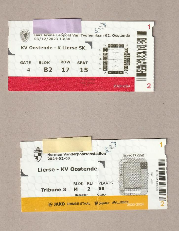2 versch (gebruikte) tickets Lierse - Oostende (2023-2024), Verzamelen, Sportartikelen en Voetbal, Gebruikt, Overige typen, Ophalen of Verzenden