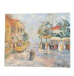 Olieverf op doek Olieverfschilderij De tram - Albert Rigaux, Antiek en Kunst, Ophalen of Verzenden