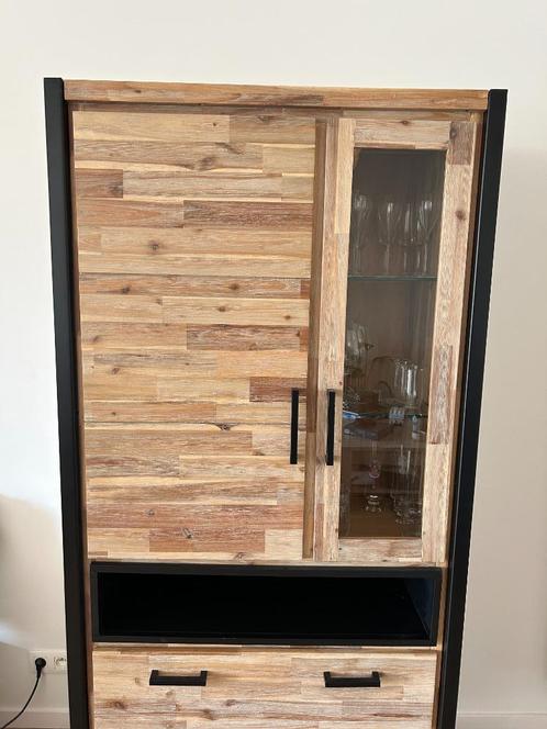 Ensemble salle à manger industriel bois & métal – table + 6, Huis en Inrichting, Complete eetkamers, Zo goed als nieuw, 4 tot 6 stoelen