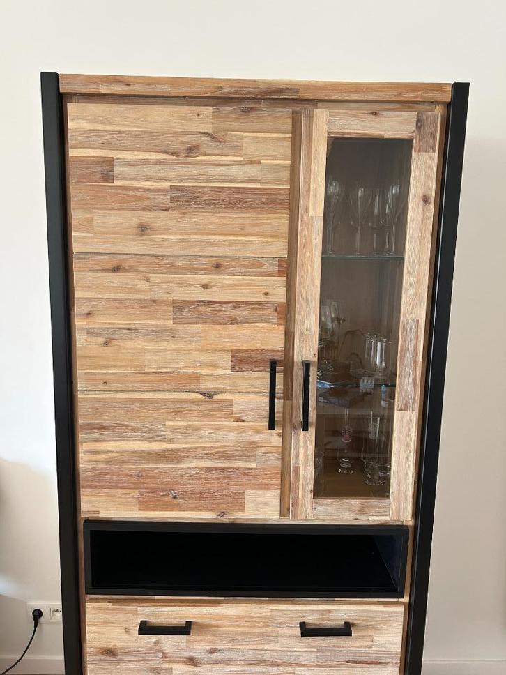 Ensemble salle à manger industriel bois & métal – table + 6, Huis en Inrichting, Complete eetkamers, Zo goed als nieuw, 4 tot 6 stoelen