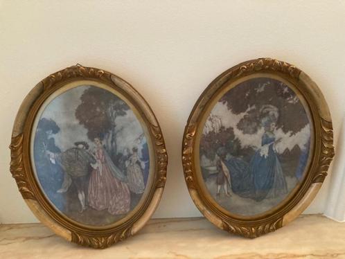 twee ingelijste reproducties in ovale vergulde lijsten, Antiek en Kunst, Curiosa en Brocante, Ophalen
