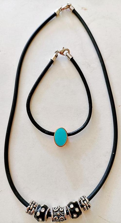 Collier 42 cm + bracelet cuir noir lisse + turquoise + inox., Handtassen en Accessoires, Kettingen, Nieuw, Overige materialen