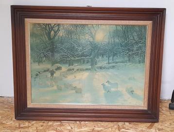 peinture hiver moutons / cadre bois huile sur toile