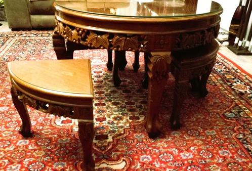 authentieke Chinese salontafel met 4 kleine stoeltjes, Huis en Inrichting, Tafels | Salontafels, Gebruikt, Rond, Ophalen