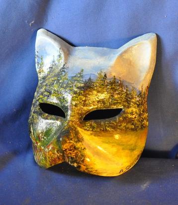 masque chat en papier mâché peint main signé   beschikbaar voor biedingen