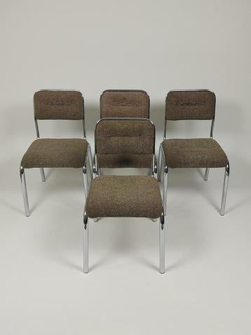 4 x Vintage Buisframe Stoelen met Bruine Stof beschikbaar voor biedingen