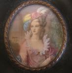 Vintage handgeschilderd miniatuur portret dame met hoed, Antiek en Kunst, Verzenden