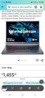 acer predator triton 500 HS, Computers en Software, Windows Laptops, Ophalen of Verzenden, Zo goed als nieuw, SSD