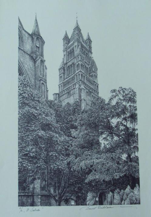 Litho van Daniël Winkelmans "St. Salvator te Brugge., Antiek en Kunst, Kunst | Litho's en Zeefdrukken, Ophalen of Verzenden