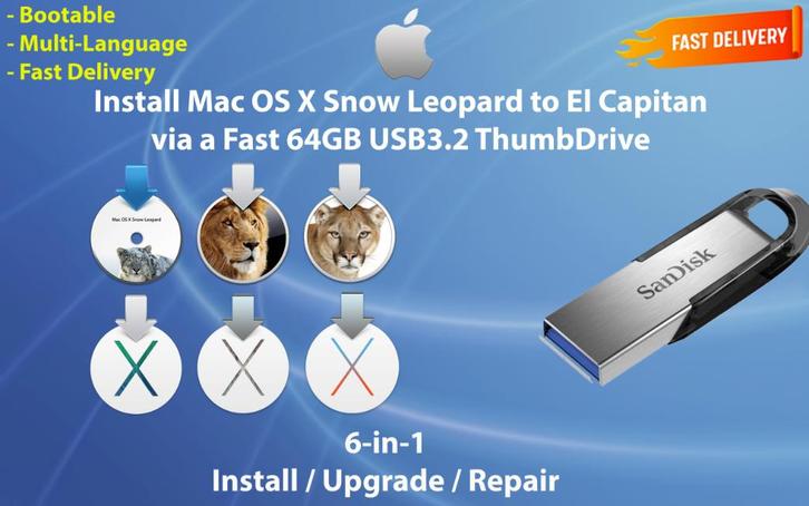 Installez Mac OS X 10.6.3-10.11.6 via une Clé USB de 64 Go!!, Informatique & Logiciels, Systèmes d'exploitation, Neuf, MacOS, Envoi