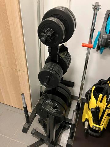 Halters, gewichten, bank + bars, Sport en Fitness, Ophalen, Zo goed als nieuw