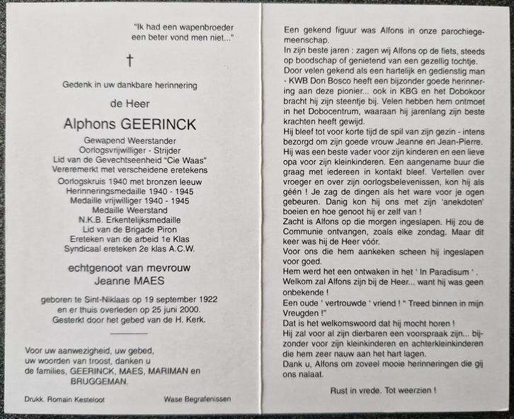 03 Oudstrijder Brigade Piron Geerinck Alphons, Verzamelen, Bidprentjes en Rouwkaarten, Ophalen of Verzenden