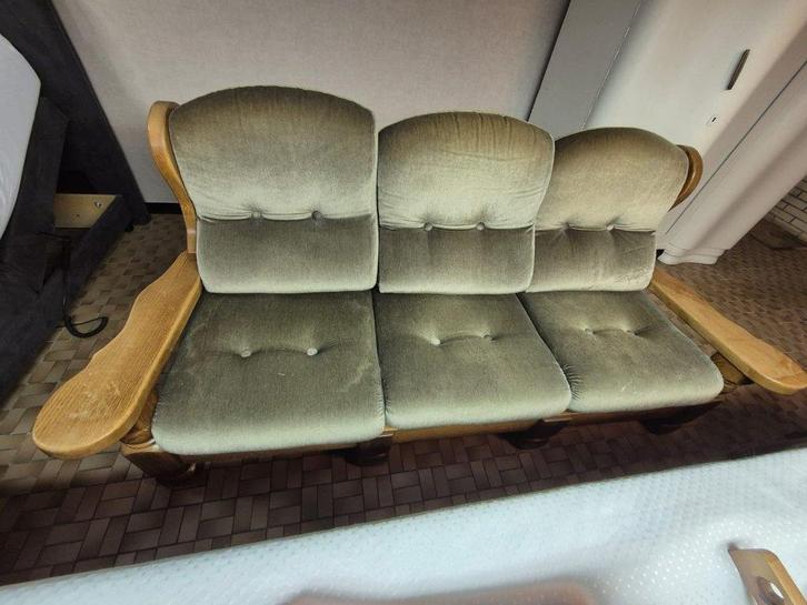 Driezitsbank – hout met groene bekleding (vintage), Maison & Meubles, Canapés | Salons, Utilisé, Banc droit, Trois personnes, 200 à 250 cm