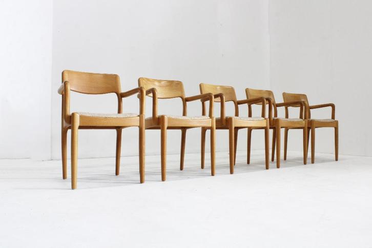 Vintage Deense eetkamer stoelen Juul Kristensen, Maison & Meubles, Chaises, Comme neuf, Cinq, Six Chaises ou plus, Bois, Tissus