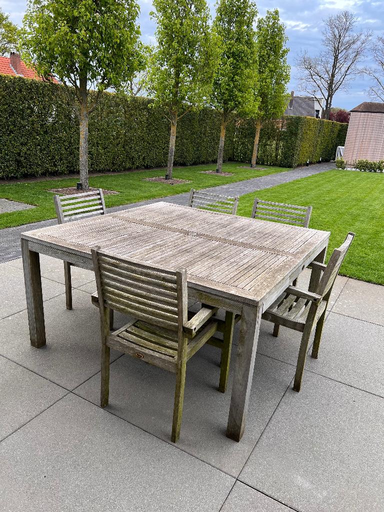 Tuintafel teak 150x150cm + 6 stoelen, Tuin en Terras, Ophalen, Gebruikt, Vierkant, Teakhout
