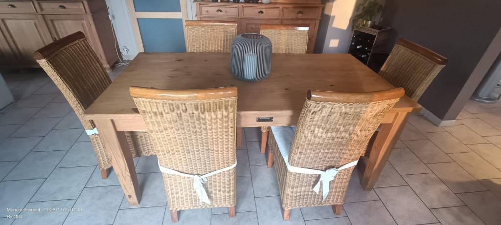 Ensemble Table en PIN massif + 6 chaises rotin bois, 150 à 200 cm, Cinq personnes ou plus, Pin, Enlèvement