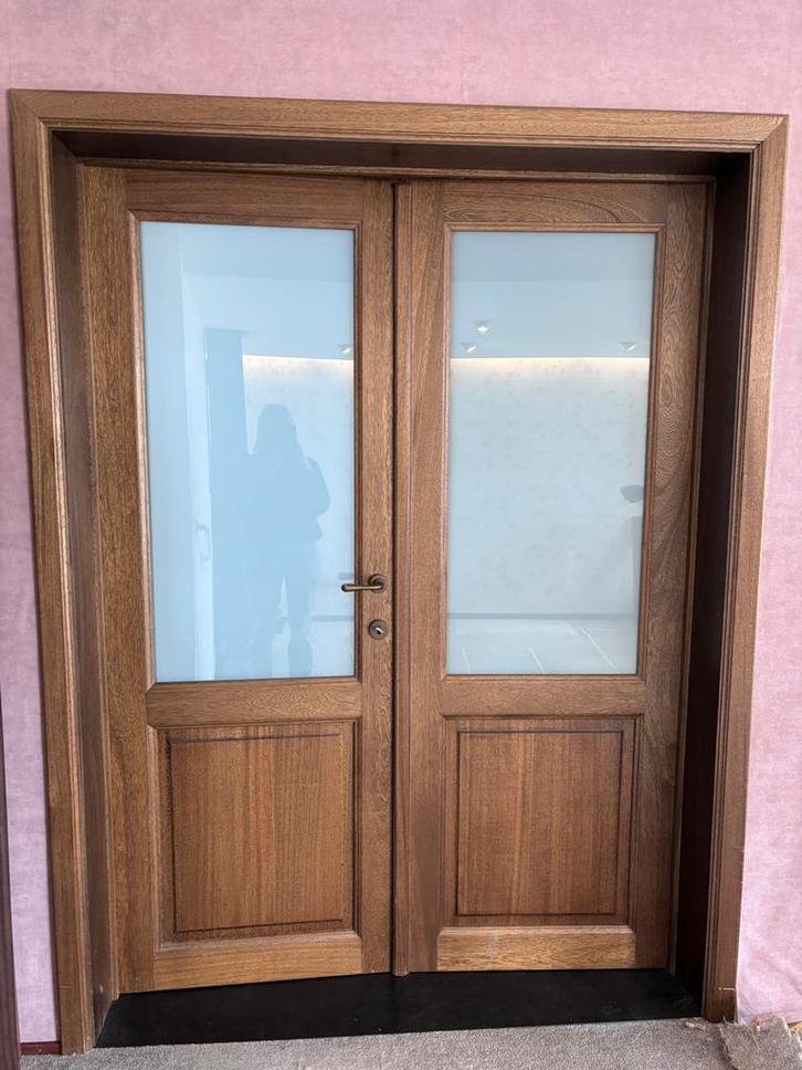 Massieve eiken dubbele houten binnendeur met glas, Doe-het-zelf en Bouw, Raamkozijnen en Schuifdeuren, Zo goed als nieuw, Hout