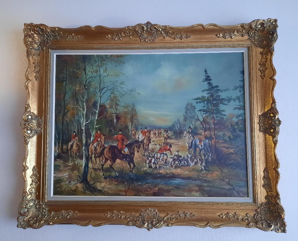 Klassiek schilderij jachttafereel in mooie sierlijst, Antiek en Kunst, Ophalen