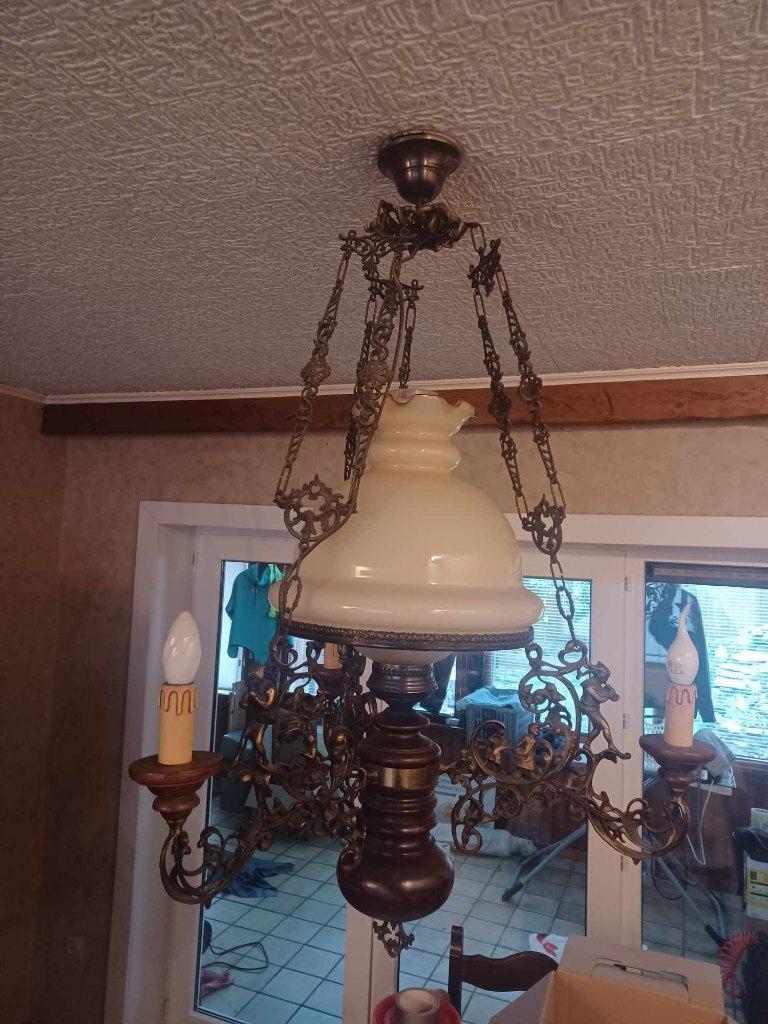 prachtige koperen luchter, glazen kapjes uitstekende staat, Ophalen, Gebruikt, Glas