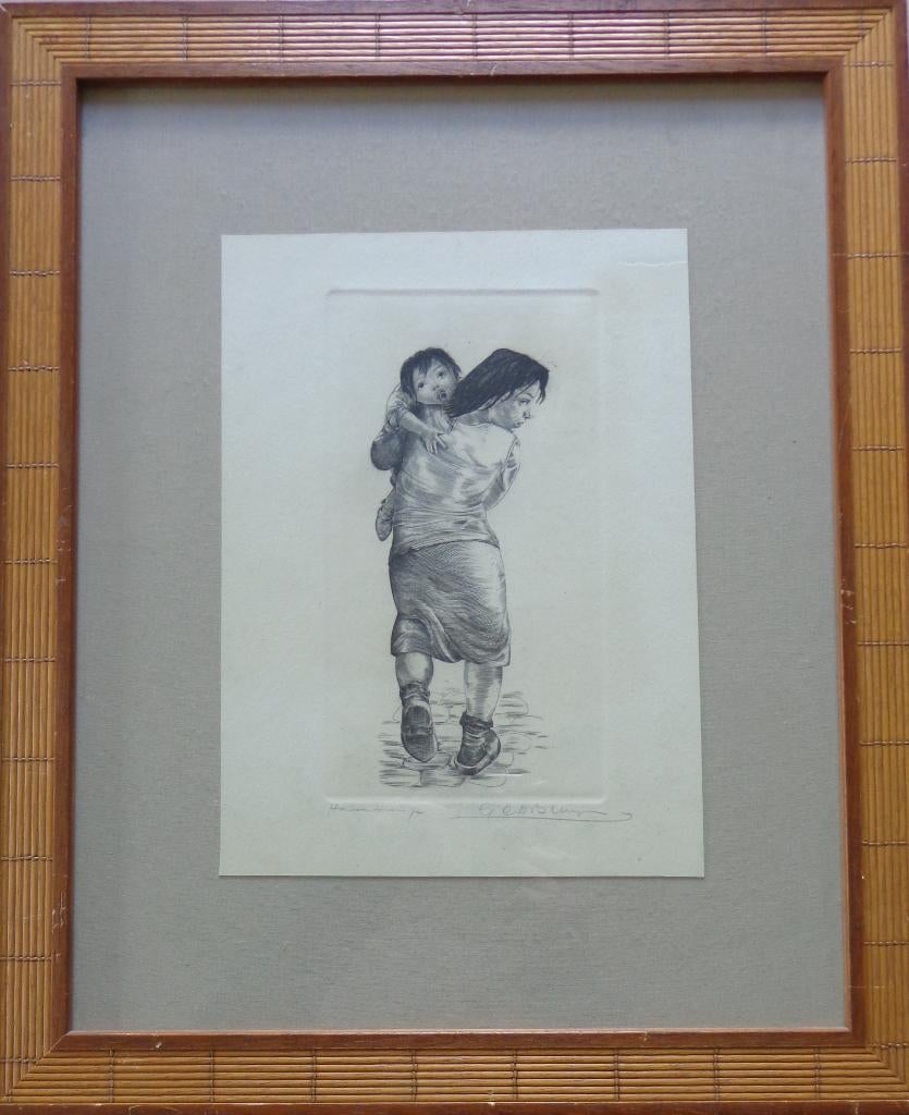 GUSTAAF DE BRUYNE / HAVENMEISJE / ZW-W ETS / 58x48cm KADER, Ophalen of Verzenden