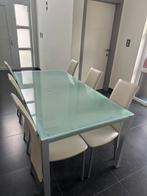 Glazen eettafel (180 x 90 cm) met 6 beige leren stoelen, Huis en Inrichting, Tafels | Eettafels, Ophalen, Gebruikt, 50 tot 100 cm