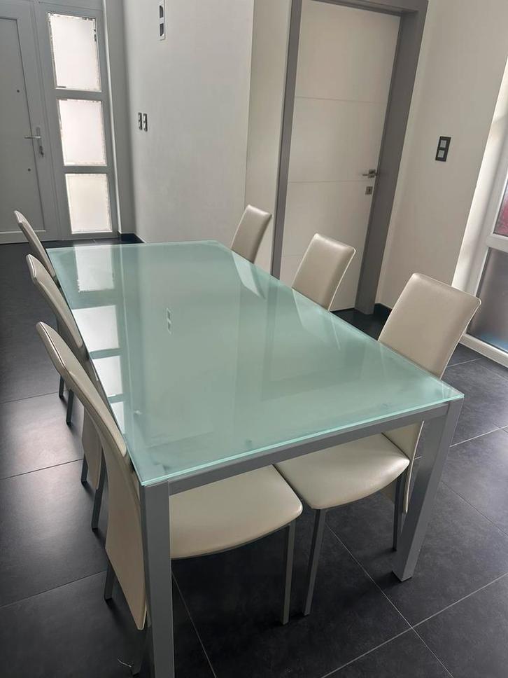 Glazen eettafel (180 x 90 cm) met 6 beige leren stoelen, Huis en Inrichting, Tafels | Eettafels, Gebruikt, 150 tot 200 cm, 50 tot 100 cm