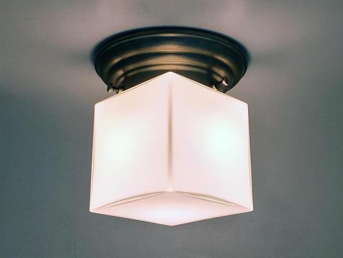 plafondlamp art deco kubus, Huis en Inrichting, Lampen | Plafondlampen, Gebruikt, Glas, Metaal, Verzenden