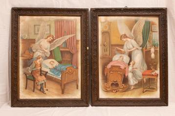 2 antieke prenten op hout afbeelding engelen