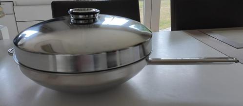 Wokpan Demeyere met deksel en spatel, Huis en Inrichting, Keuken | Potten en Pannen, Zo goed als nieuw, Wok, Inox, Inductieplaat