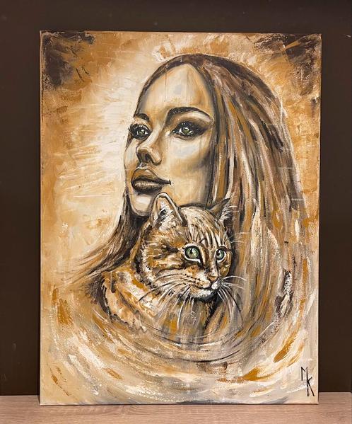 Origineel schilderij dame met kat, Antiek en Kunst, Kunst | Schilderijen | Modern, Ophalen of Verzenden